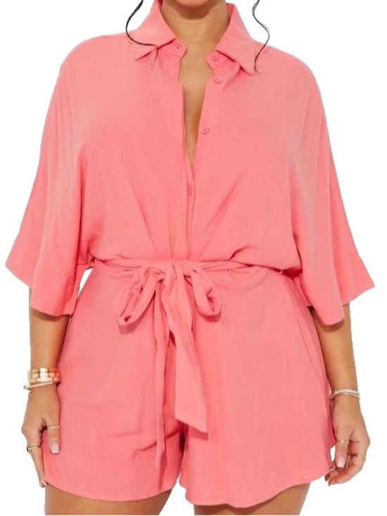 Fashion Nova Pants - Fashion Nova Coral Pink Linen Button-Front Romper